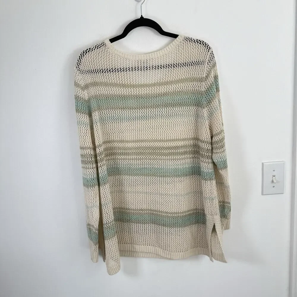 Chicos Open Knit Marlene Pullover Sweater Cream Green Striped‎ Womens 4 US XXL
